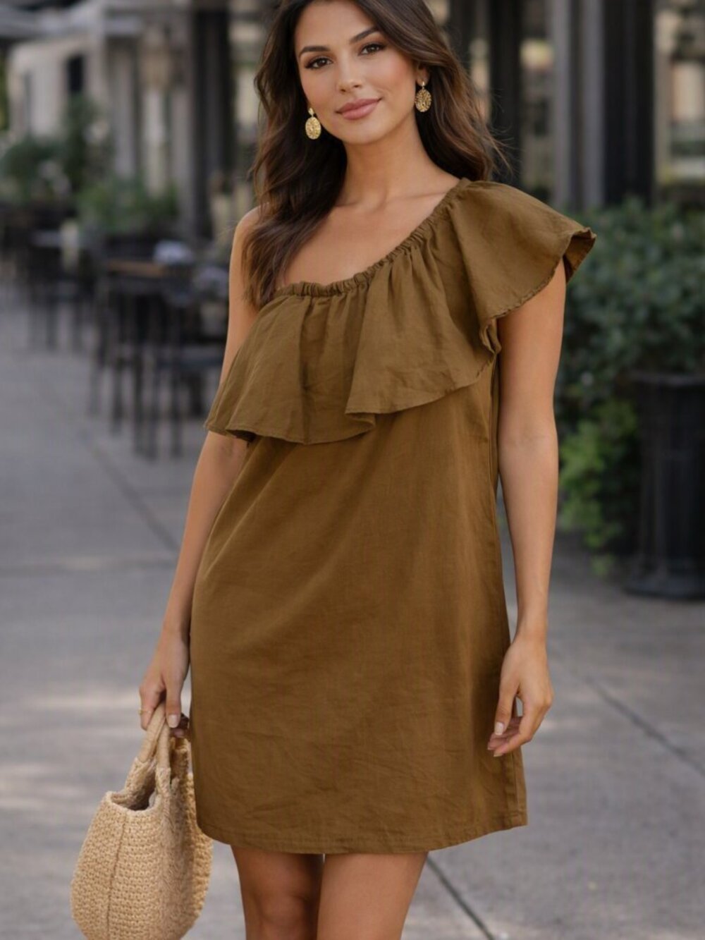 a new day One-Shoulder Ruffle Dress in Olive Green